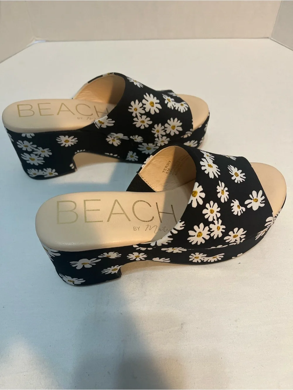 Black Daisy Platform Slide Wedges with Cream Footbed